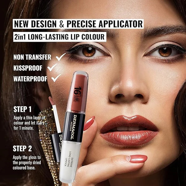 Dermacol NEW 16-Hour Lip Colour, Highly Pigmented Glossy Lip Stain, Two-Phase Lip Plumper Gloss, Kissproof Lip Makeup Prod...