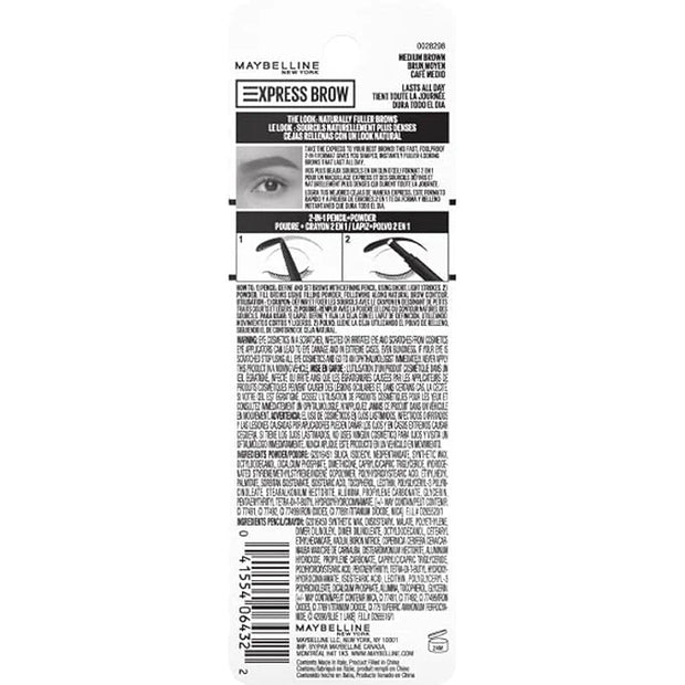 Maybelline Express Brow 2-In-1 Pencil and Powder Eyebrow Makeup, Medium Brown, 1 Count - Product Image