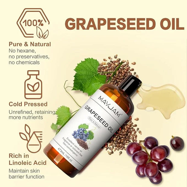 Organic Grapeseed Oil 16Oz: 100% Pure&Natural ColdPressed Carrier Oil USDA Certified Grape Seed Extract HexaneFree Unscent...