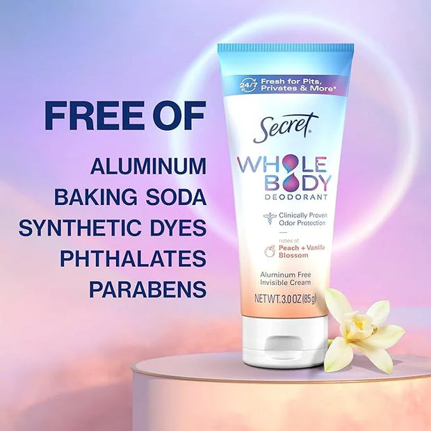 Secret Whole Body Deodorant Cream for Women, Peach & Vanilla Blossom Scent, Aluminum Free Deodorant, 72 HR Odor Protection...
