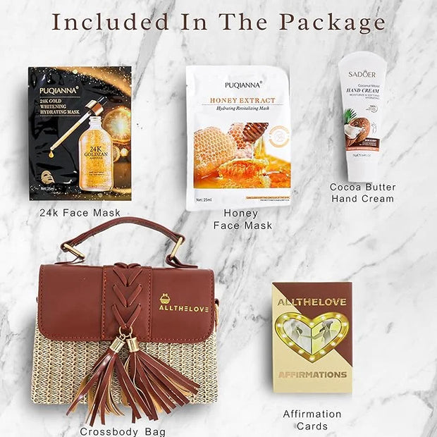 New Mom Spa Package – Luxury New Mom Care Set for Women with Chic Rattan Purse, Clickable Planner Download, Affirmation Ca...