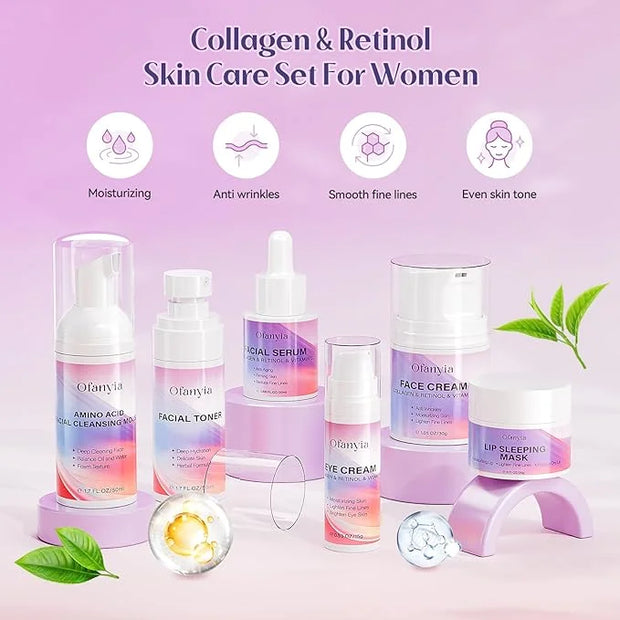 Collagen Retinol Skin Care Set, 6 In 1 Skincare Gift Set with Facial Cleanser, Toner, Serum, Cream, Eye Cream & Lip Mask, ...