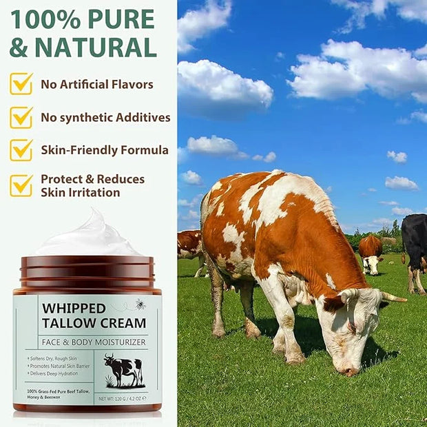 Beef Tallow for Skin, Beef Tallow Moisturizer, 4.2 oz Organic Whipped Grass Fed Beef Tallow with Honey Cream for Face & Bo...
