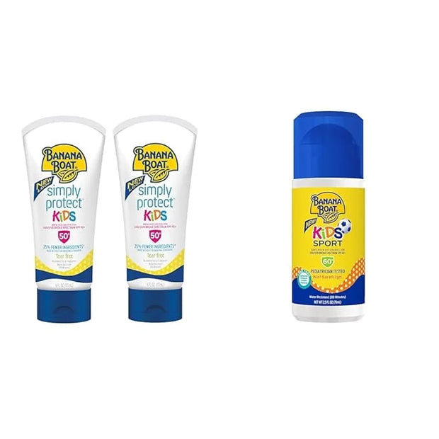 Banana Boat Kids Mineral Sunscreen Lotion SPF 50 Twin Pack and Sport Sunscreen Roll On Lotion SPF 60 Travel Size