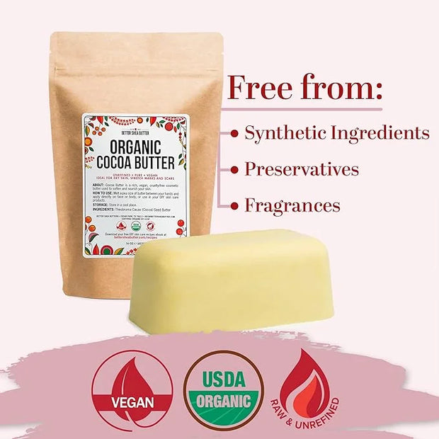 Organic Cocoa Butter Raw Unrefined, Food Grade USDA Certified Organic, for Scars, Stretch Marks Cream, Body Butter, Lip Ba...