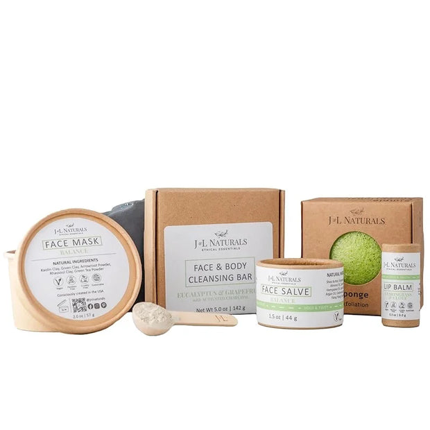 J&L Naturals Exceptional Skin Regimen Kit With Cleansing Bar, Face Salve, Konjac Sponge, Lip Balm | For Oily and Combinati...