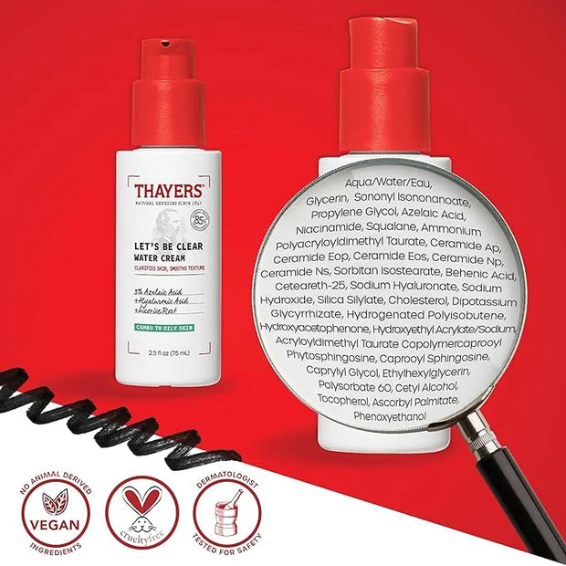 THAYERS Let's Be Clear Water Face Cream, Moisturizer with Azelaic Acid and Hyaluronic Acid, Skin Care for Combination to O...