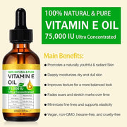 2PCS Natural Vitamin E Oil for Skin, 75,000 IU Ultra Concentrated Vitamin E Oil for Face, Hair and Scars, Moisturizing Dry...