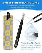 Expert Slant Tip Tweezers with Leather Case, GlamTweeler Sharp & Precision Stainless Steel Tweezer for Eyebrows, Facial Ha...