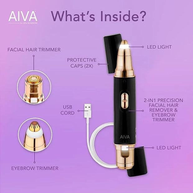 SPA SCIENCES - AIVA - The 2-in-1 Facial Hair Remover & Eyebrow Trimmer with Built-in LED Lights - Product Image