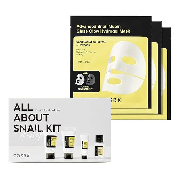 COSRX All About Snail Set + Hydrogel Mask 3EA- Snail Mucin Skincare Set and Glass Glow Hydrogel Collagen Face Mask, Travel...