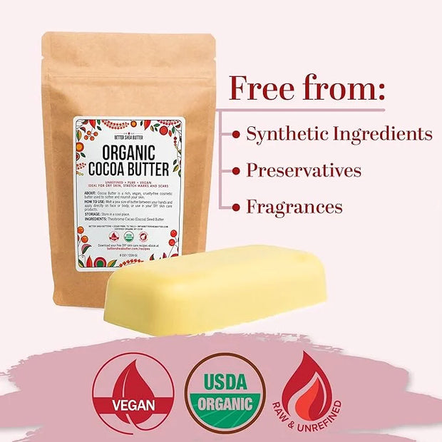 Organic Cocoa Butter Raw Unrefined - Food Grade USDA Certified - for Scars, Stretch Marks Cream - 100% Cocoa Butter Raw Or...