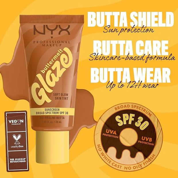 NYX PROFESSIONAL MAKEUP Buttermelt Glaze Soft Glow Skin Tint + SPF 30, Up To 12HR Wear, 06 Praline Butta - Product Image