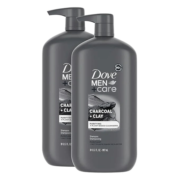 DOVE MEN + CARE Purifying Shampoo Charcoal + Clay 2 Pk for Stronger, More Resilient Hair, with Plant-Based Cleansers, 31 o...