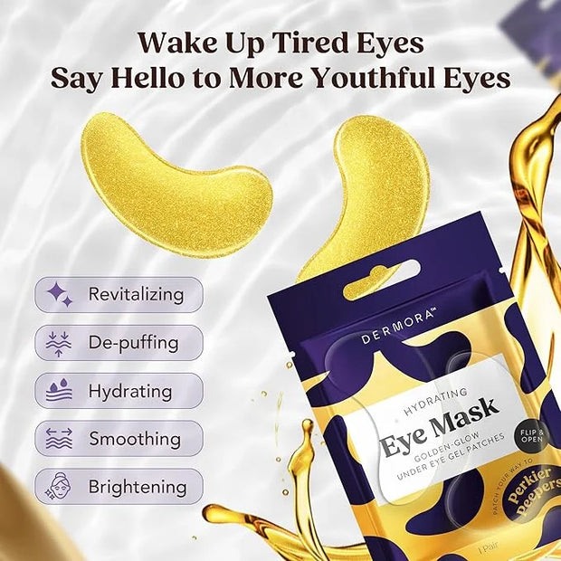 DERMORA Golden Glow Under Eye Patches (20 Pairs Eye Gels) - Rejuvenating Treatment for Dark Circles, Puffy Eyes, Refreshin...