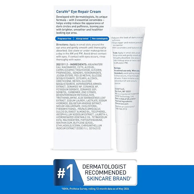 CeraVe Eye Repair Cream, Under Eye Cream For Puffiness And Bags Under Eyes, Hyaluronic Acid + Niacinamide + Marine Botanic...
