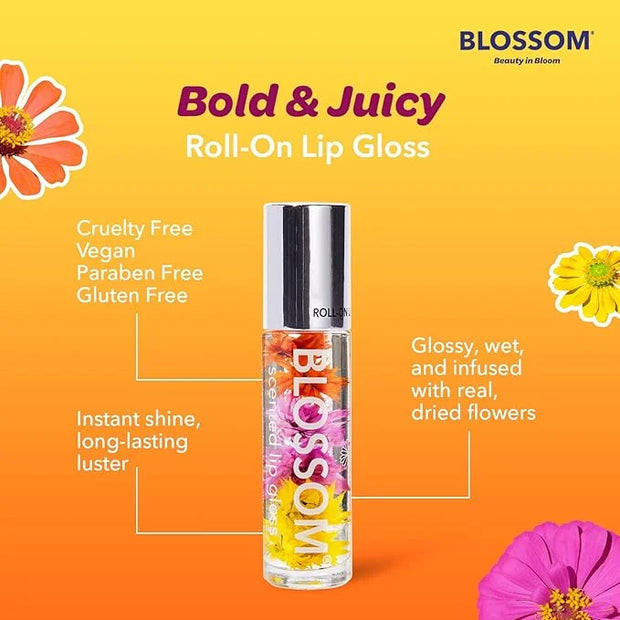 Blossom Roll on Lip Gloss, Scented Clear High Shine Moisturizing Lip Oil, Non Sticky, Infused with Real Flowers, Made in U...