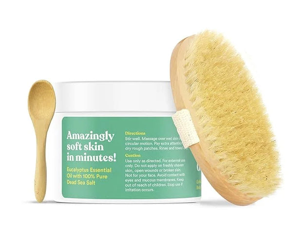 ASUTRA Dead Sea Salt Essential Oil Body Scrub Exfoliator and Dry Brush Bundle (Invigorating Eucalyptus), 16 oz - Ultra Hyd...