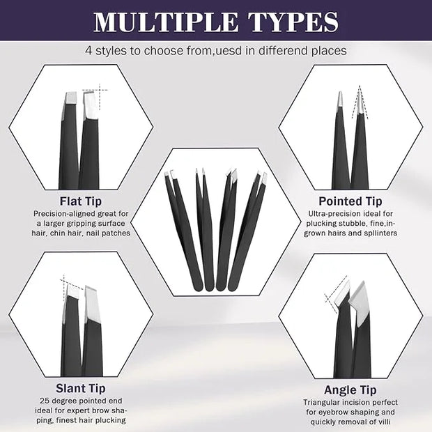 9PCS Tweezers Set for Facial Hair, Precision Tweezer for Eyebrows with Curved Scissor and Eyebrow Razor for Ingrown Hair a...