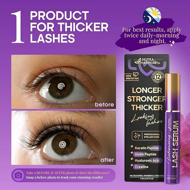 Enhancing Lash Serum for Eyelash Growth with Keratin and Biotin Peptides, Hyaluronic Acid, Creatine for Longer, Fuller, Th...