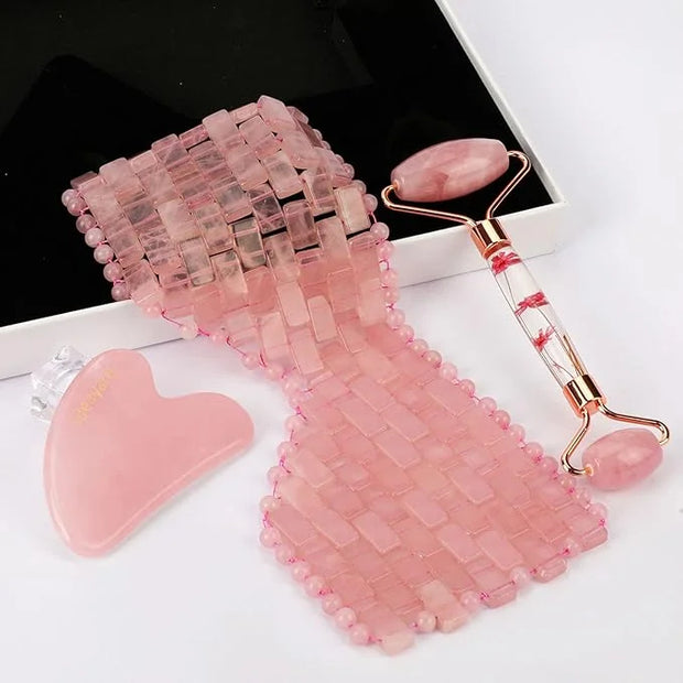 ideayard Rose Quartz Eye Mask & Face Roller and Gua Sha 3-in-1, Real Natural AAA Rose Quartz for Skin Care SPA Facial - Pr...
