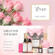 Spa Gifts for Women，10pcs Self Care Kit ROSE Scented with Facial Cleanser, Scrub Body Wash, Facial Clay Mask, Facial, Esse...
