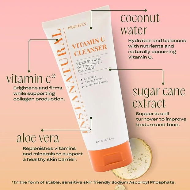InstaNatural Vitamin C Cleanser Face Wash, Brightens and Reduces Signs of Aging, Fine Lines and Uneven Texture, with Cocon...