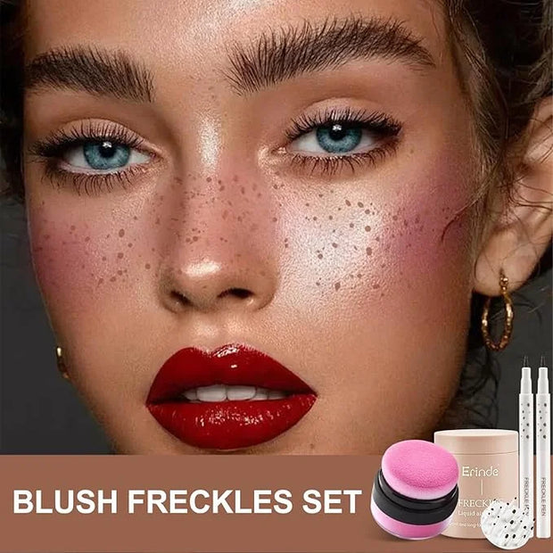Erinde Natural Freckle Blush Makeup Kit - Liquid Freckle Pen & Fake Freckles Stamp Air Cushion & Powder Cushion Blush, Lon...