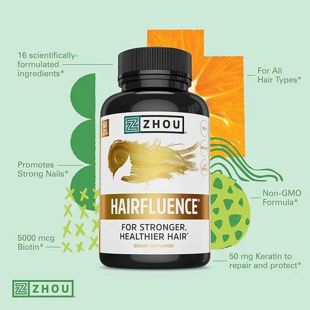 Zhou Hairfluence - Vegan Biotin Supplement for Hair Growth for Men & Women, Supports Stronger, Healthier Hair, Nails, & Gl...