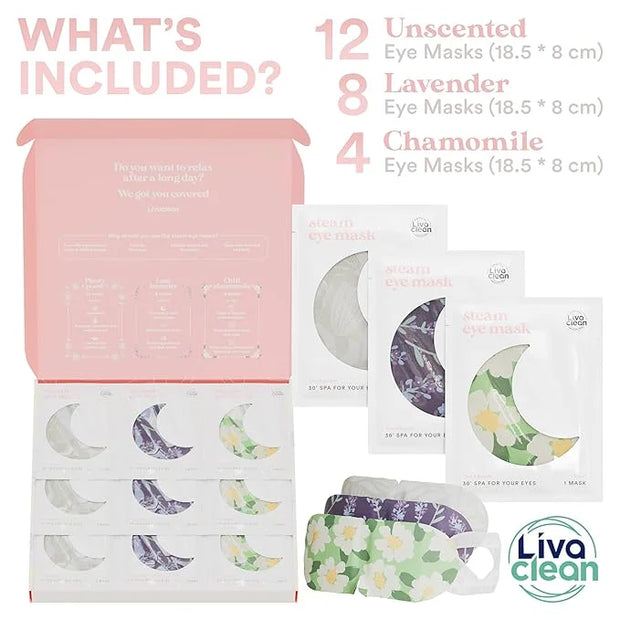 LivaClean 24 Steam Eye Mask for Dry Eyes, Dark Circles & Puffiness, Warm & Self Heating, Ear Hooks to Stay On, Lavendar, C...