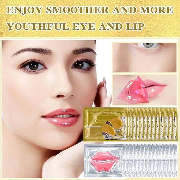 Gold Eye Mask And Pink Lip Mask,Natural Gel Eye Masks,Under Eye Gel Patches for Dark Circles,Eye Mask for Puffy Eyes,10 Pa...