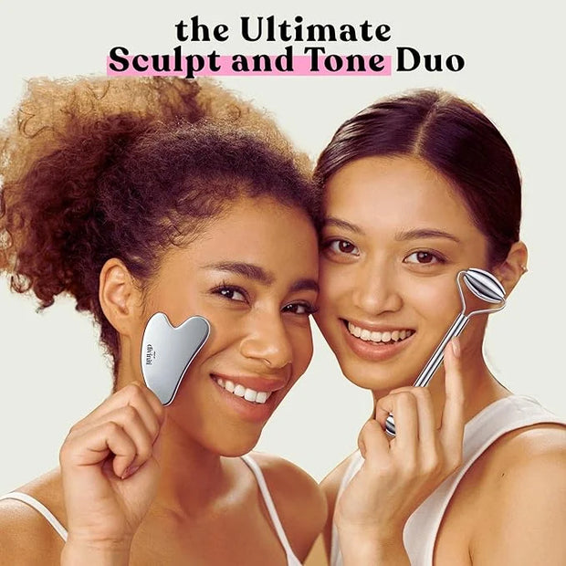 Stainless Steel Face Roller - Premium Gua Sha Facial Tools Stainless Steel GuaSha Tool and Face Roller Set - Gua Sha Stain...