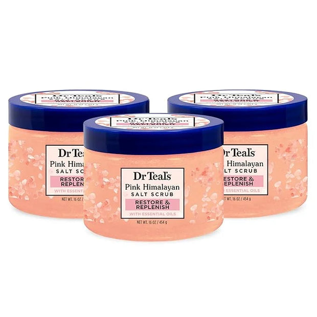 Dr Teal's Pink Himalayan Salt Body Scrub, Restore & Replenish with Pure Epsom Salt & Essential Oils, 16 oz (Pack of 3) - P...
