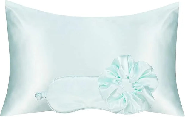 Vegan Silk Sleep Set, Silky Pillowcase with Large Scrunchie and Eye Mask for Hair and Skin, Self Care Essential Satin Nigh...