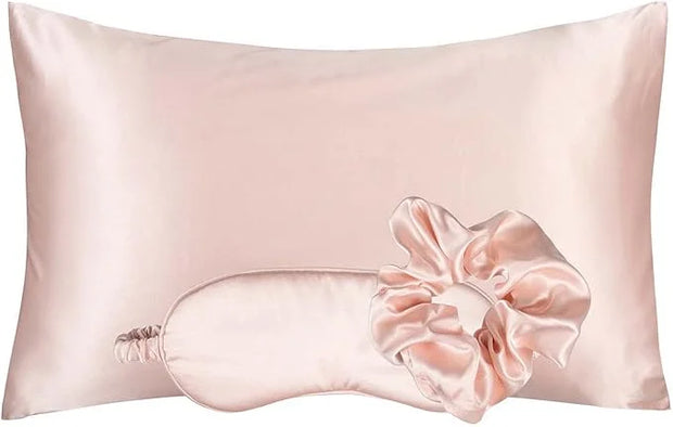 Vegan Silk Sleep Set, Silky Pillowcase with Large Scrunchie and Eye Mask for Hair and Skin, Self Care Essential Satin Nigh...