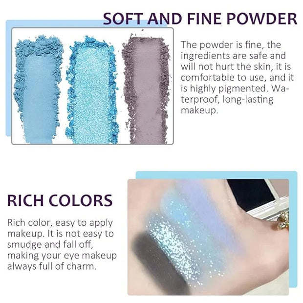 9 Colors Blue Grey Highly Pigmented Colorful Eyeshadow Palette,Matte Shimmer Navy Blue Sky Blue Grey Eye Shadow Makeup Pal...