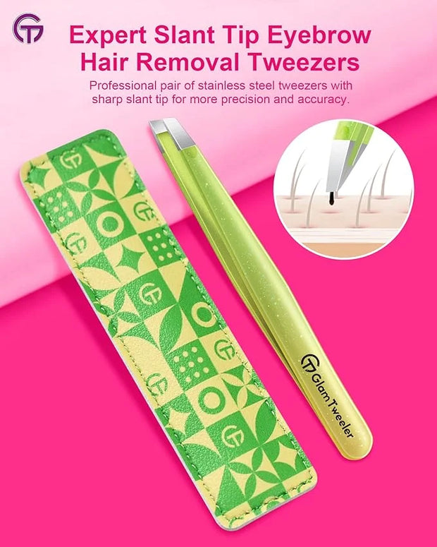 Expert Eyebrow Hair Removal Tweezer with Leather Case, GlamTweeler High Precision Slant Tip Stainless Steel Tweezers for M...