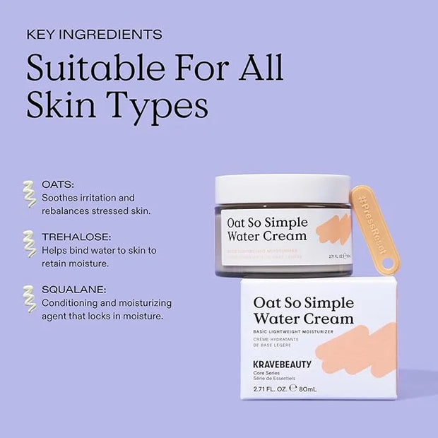 KraveBeauty Oat So Simple Water Cream, Enriched With Oat & Squalane To Soothe & Lock In Moisture, Everyday Moisturizer, Fo...