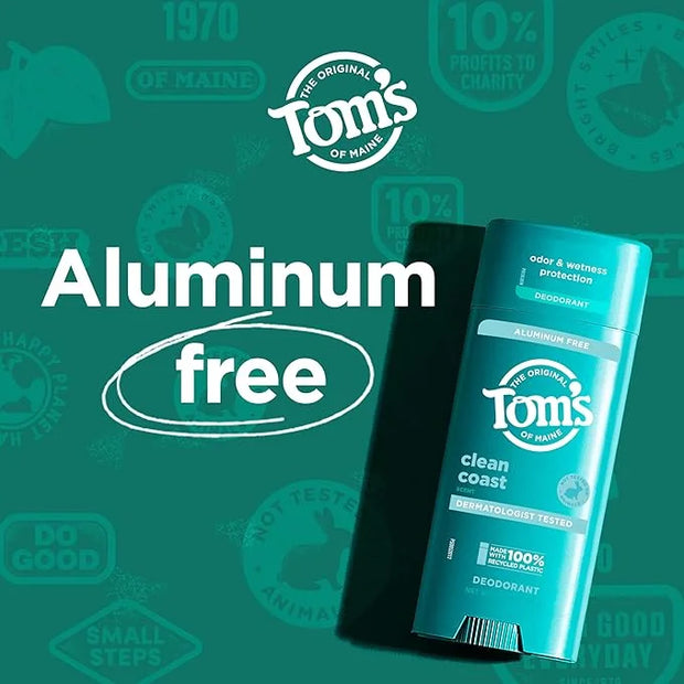 Tom's of Maine Clean Coast Aluminum Free Natural Deodorant For Women & Men | Goes on Clear | Odor & Wetness Protection | N...