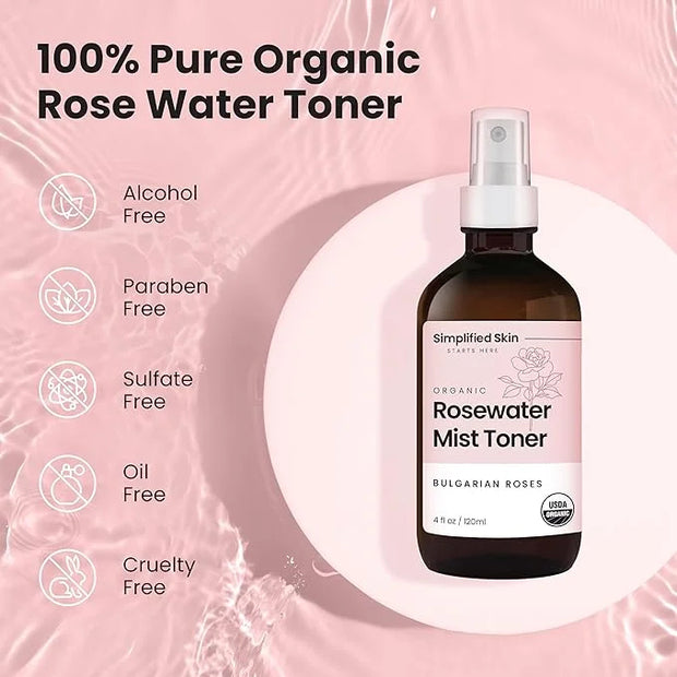 Rose Water Spray for Face & Hair (2-Pack) - Organic USDA Certified Rosewater Facial Toner - Alcohol-Free Makeup Setting Hy...