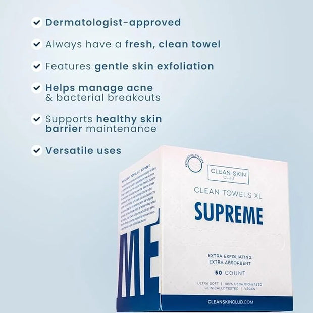 Clean Skin Club Clean Towels XL™ Supreme, 100% USDA Biobased Face Towel, Disposable Face Towelette, Eczema Association Acc...