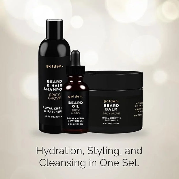 Golden Grooming Co. Everyday Beard Bundle – Complete Beard Care Set | Includes Beard Oil, Balm & Shampoo (XL, Spicy Grove)...