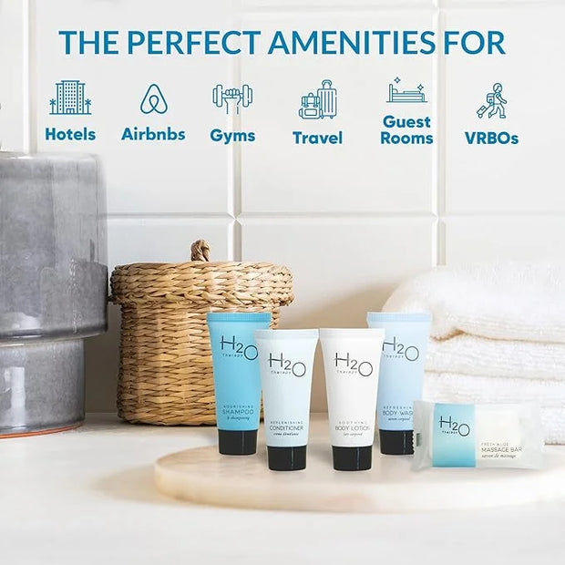 H2O Therapy Hotel Soaps & Toiletries Bulk Set | 1-Shoppe Amenities Kit | 0.85oz Shampoo & Conditioner, Body Wash, Lotion, ...