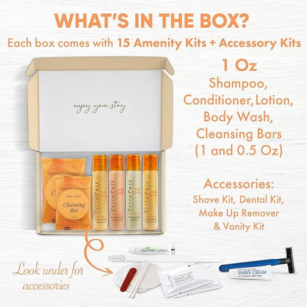 Terra Pure Amenity & Accessory Kit |1 oz Travel Size Shampoo, Conditioner, Lotion, Body Wash, 2 Cleansing Bars, Shave & De...