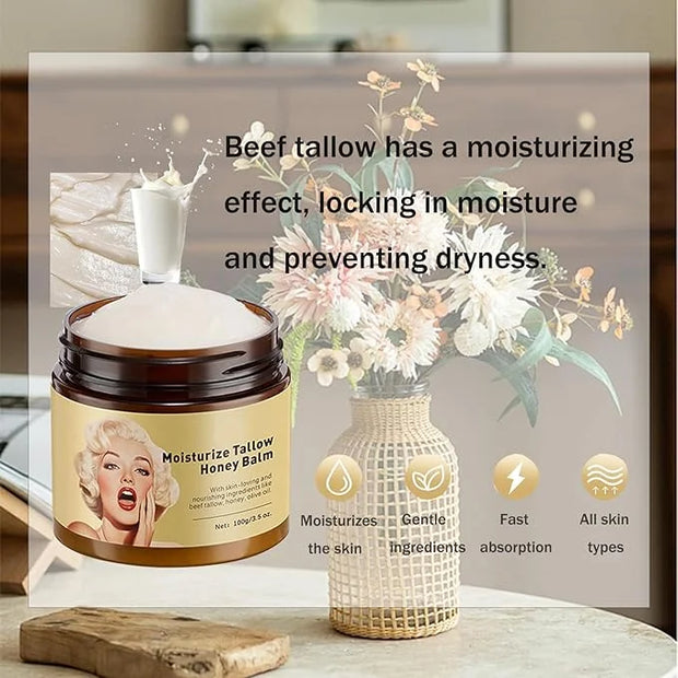 Whipped Beef Tallow and Honey Balm, Grass-Fed Beef Tallow & Raw Wild Honey Blend Moisturizer, 3.5oz, Tallow Face Moisturiz...