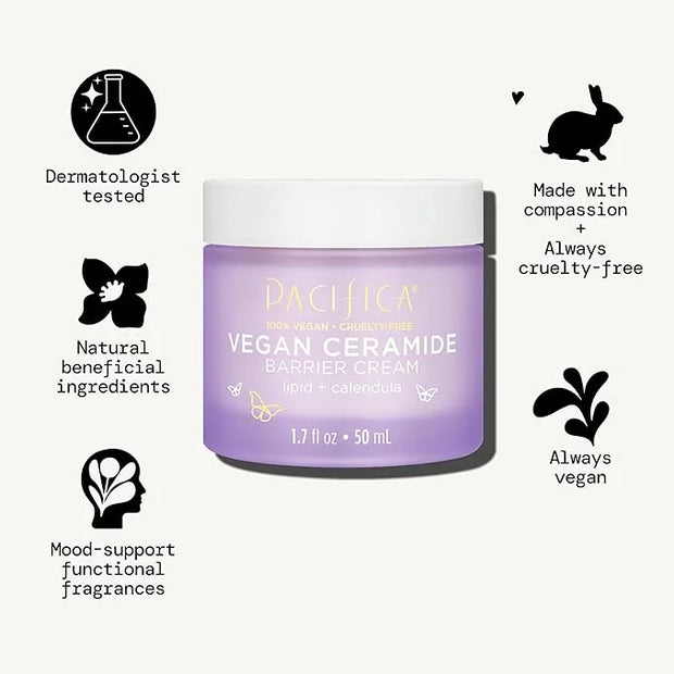 Pacifica Face Cream - Vegan Ceramide Barrier Cream w/Niacinamide & Shea Butter - Hydrating Daily Face Moisturizer Fragranc...