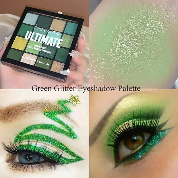 St Patricks Day16 Colors Green Glitter Matte Eyeshadow Makeup Palette,Forest Green Yellow Colorful Eye Shadow Plattet High...