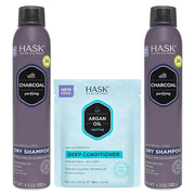HASK Charcoal Clarifying Dry Shampoo Duo (4.3oz-Qty 2) & Argan Oil Repairing Deep Conditioner Packette, Aluminum-Free, Sul...