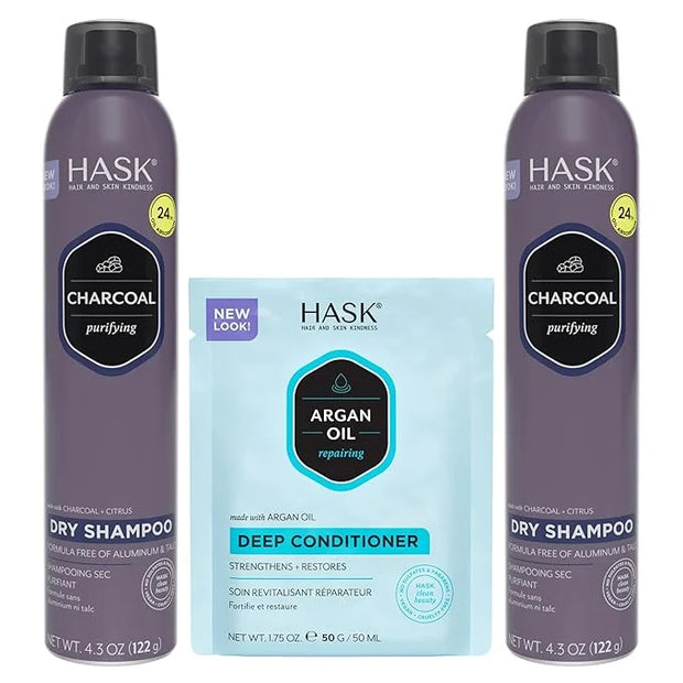 HASK Charcoal Clarifying Dry Shampoo Duo (4.3oz-Qty 2) & Argan Oil Repairing Deep Conditioner Packette, Aluminum-Free, Sul...