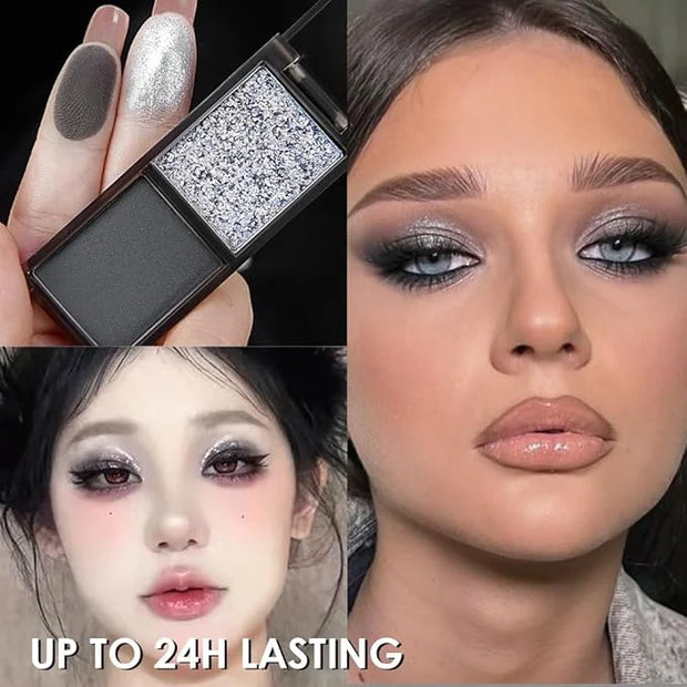 Gray Black Two Color Matte Shimmer Glitter Eyeshadow,Bright High Pigment Eye Shadow Powder,Professional Long-Lasting Water...